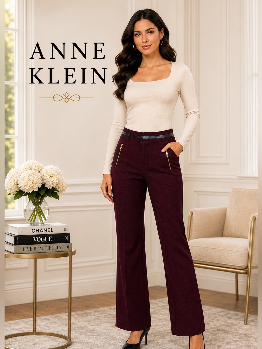 Anne Klein Burgundy Straight Leg Dress Pants Faux Leather Trim